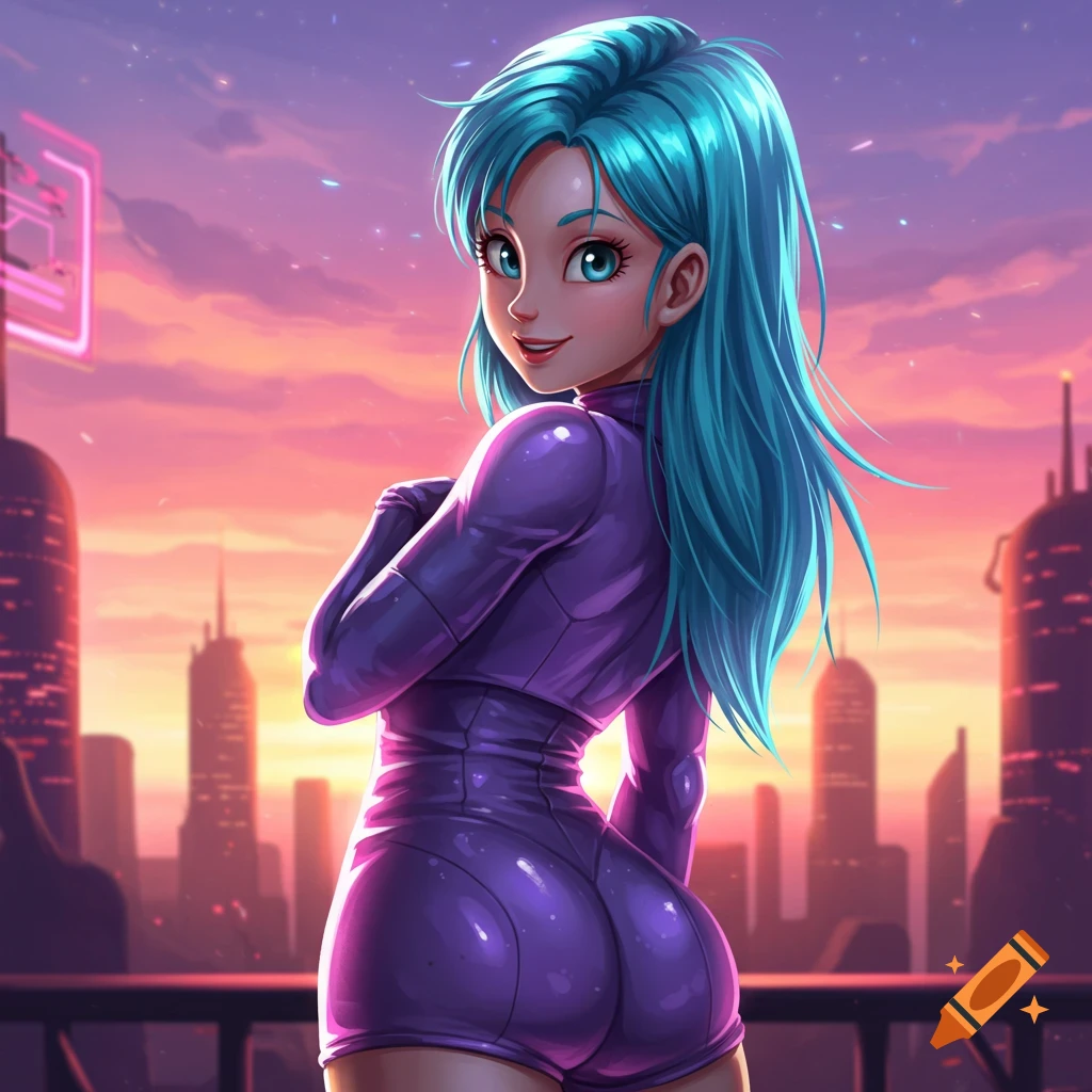 Anime-style Bulma with teal hair in a purple suit turns to look back over a cityscape at sunset.