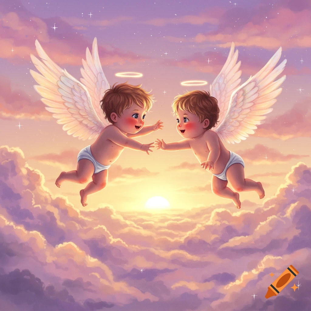 Two cute baby angels with wings fly towards each other among clouds at sunset.