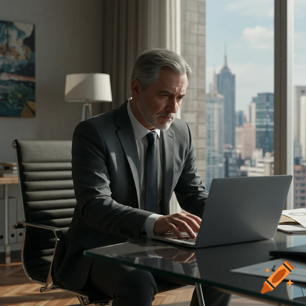 A concerned man in a suit works on a laptop at a glass desk in a modern office with a city skyline view.