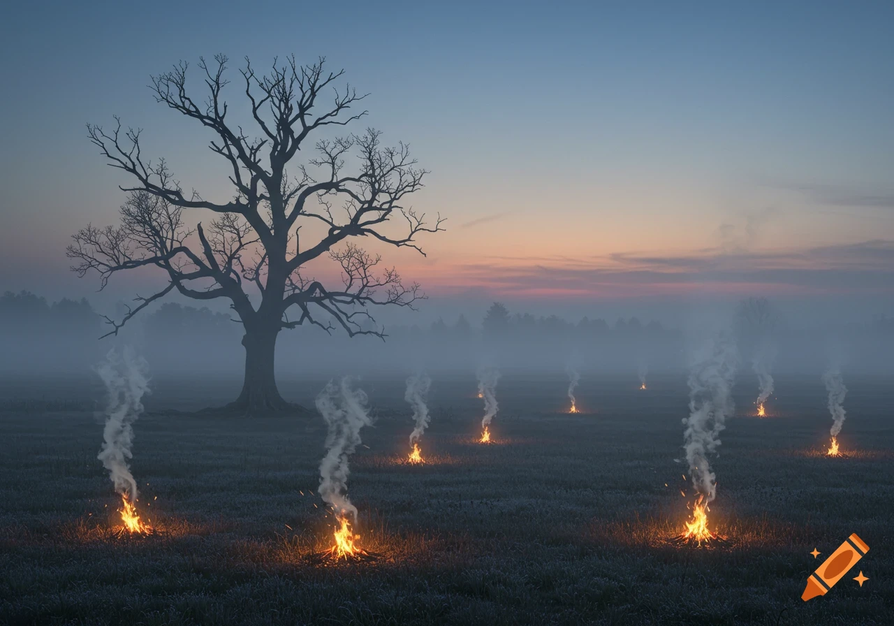 A barren tree stands in a misty field at dawn, surrounded by multiple small, smoldering fires.