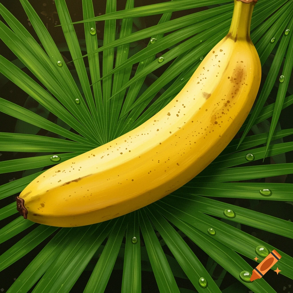 A ripe yellow banana rests on dark green palm leaves with glistening water droplets.