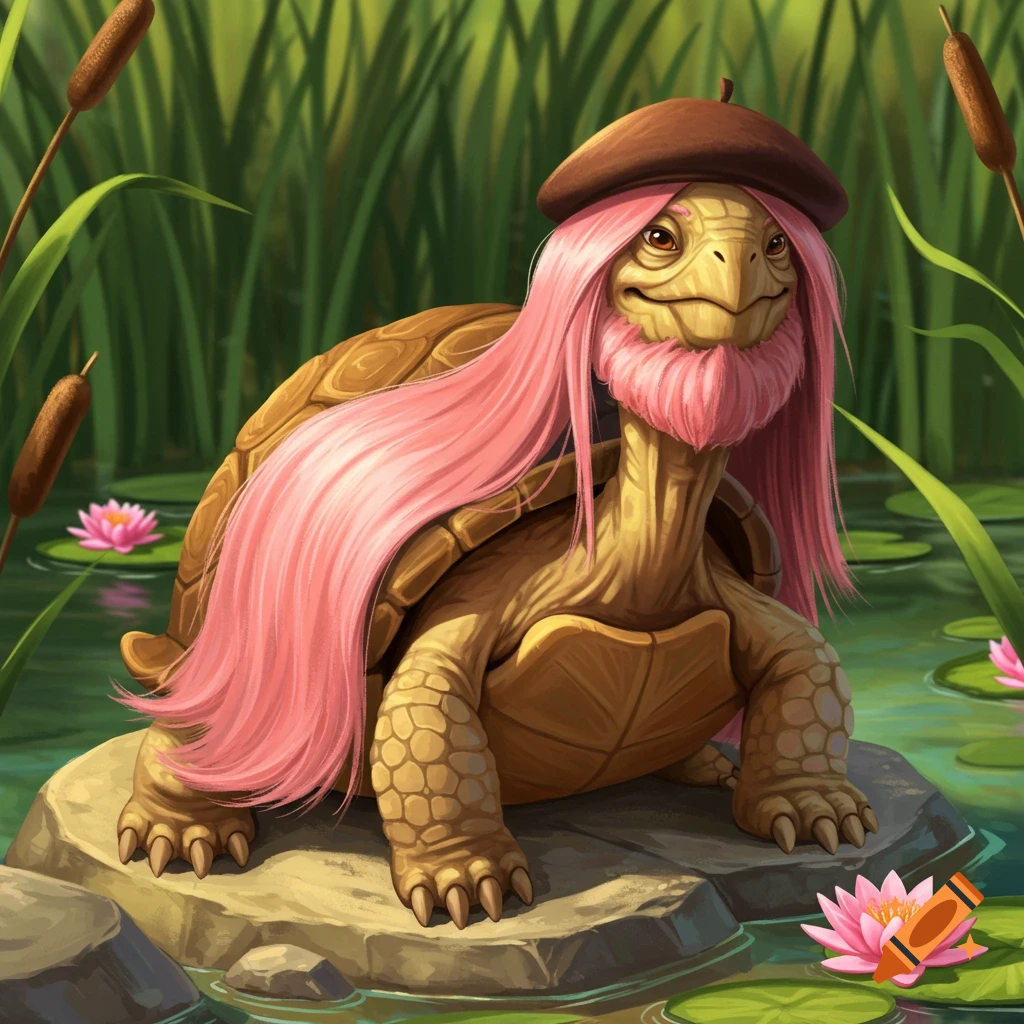 A charming, winking turtle with long pink hair and a small pink beard, wearing a brown beret, sits on a rock in a pond with water lilies and cattails.