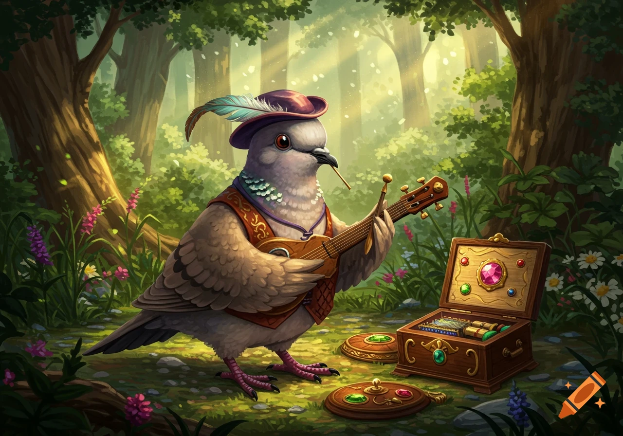 A detailed illustration of a common ground dove bard wearing a hat and vest, playing a small stringed instrument in an enchanted forest.