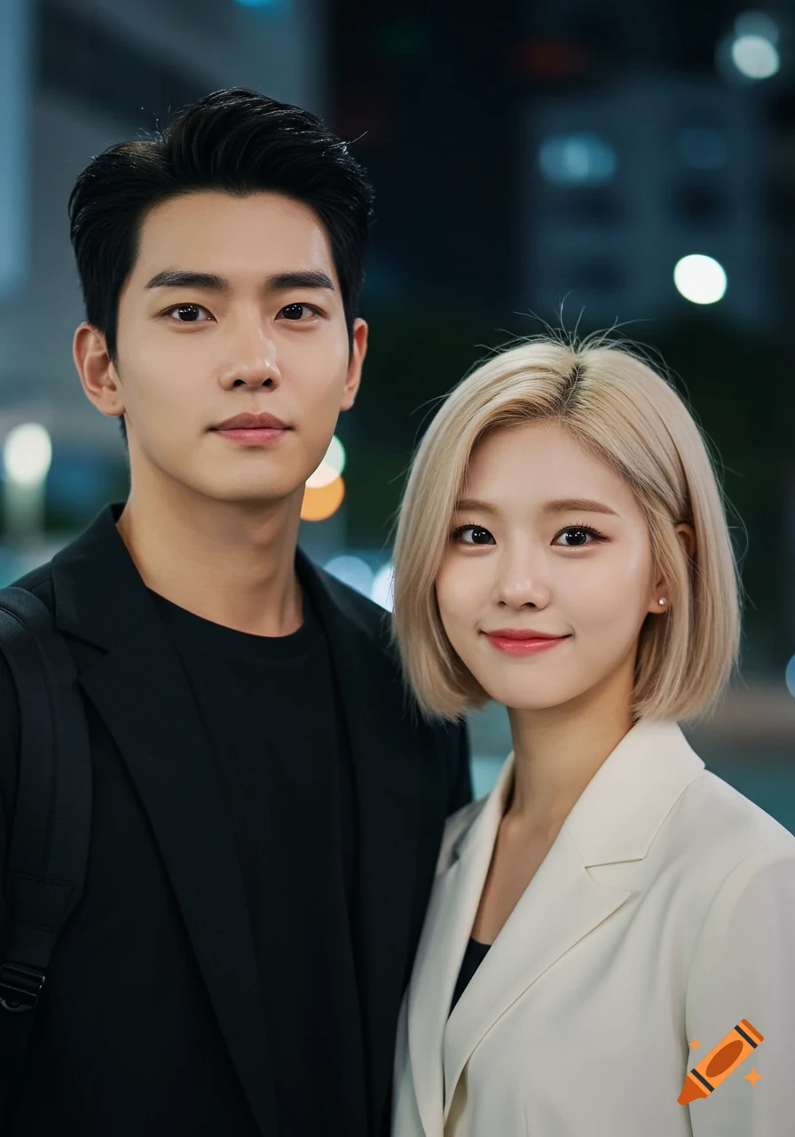 Photorealistic portrait of a man with black hair and a woman with a blonde bob, smiling gently, against a blurred city background.