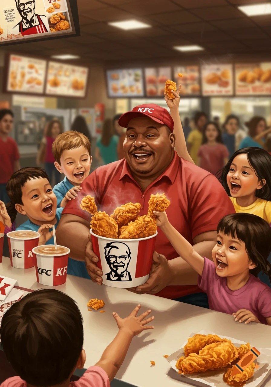 A happy man wearing a KFC hat holds a bucket of fried chicken while several excited children reach for pieces in a busy KFC restaurant.