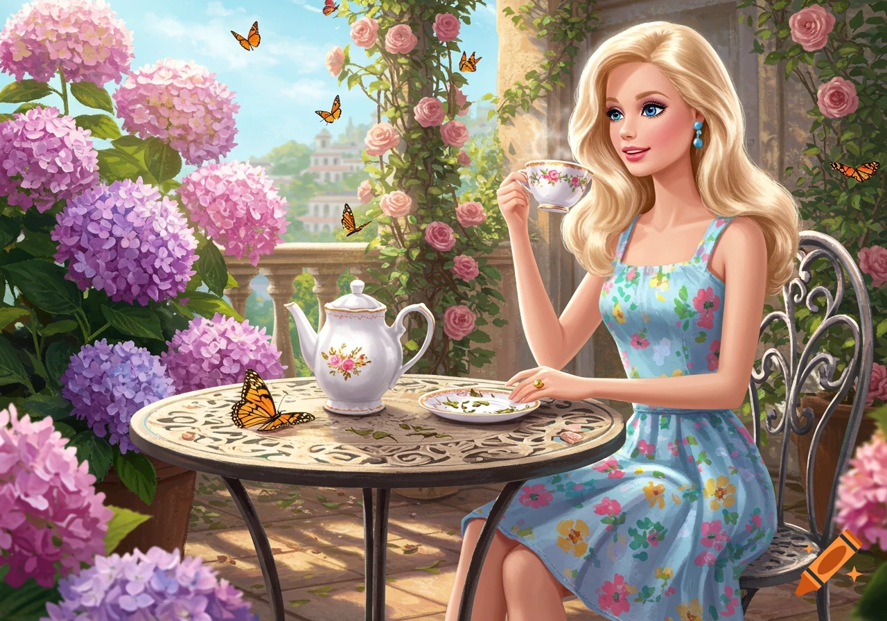 A blonde Barbie doll sips tea at a table on a flower-filled balcony, surrounded by pink hydrangeas and roses, with butterflies in a sunny, illustrative style.