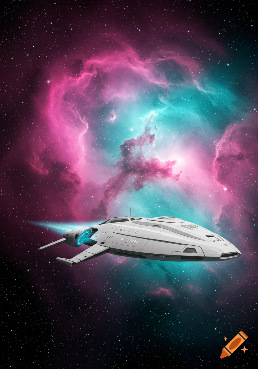 A sleek white starship with glowing blue engines flies through space against a vibrant pink and turquoise nebula.