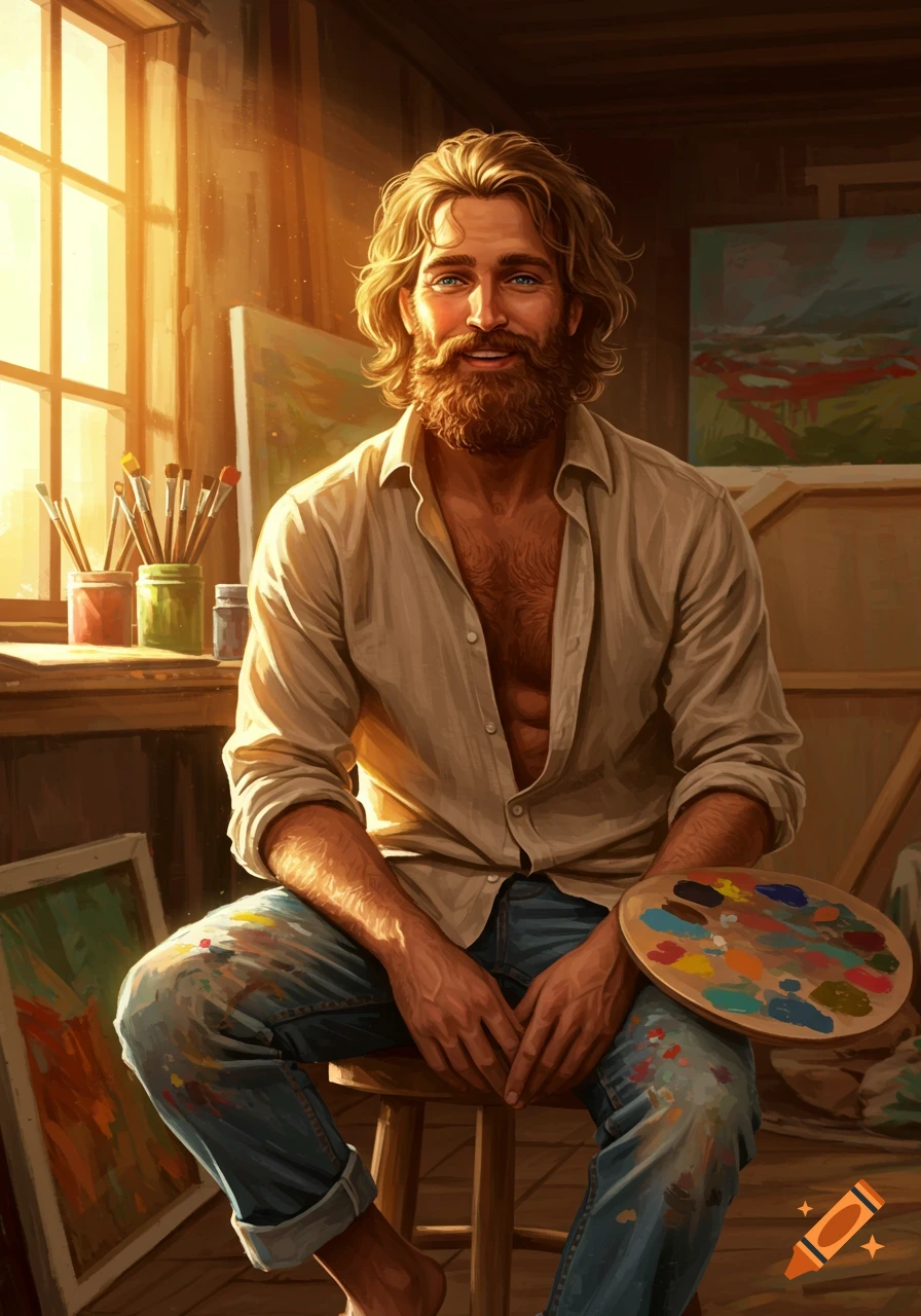 A male artist with long hair and a beard sits in his sunlit studio, holding a palette, with paint brushes and paintings visible.