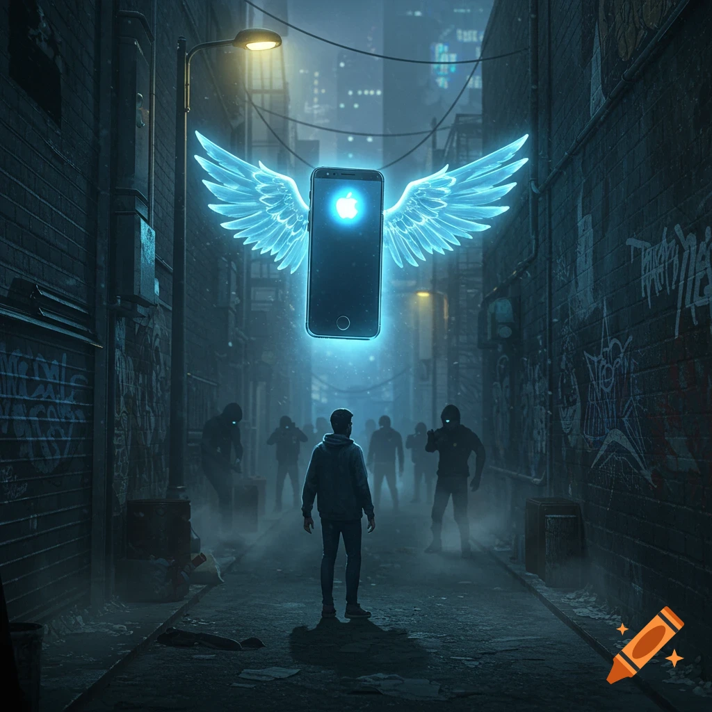 A man stands in a dark, graffiti-covered alley, looking at a glowing smartphone with bright blue wings hovering above him. Silhouetted figures lurk in the foggy distance.