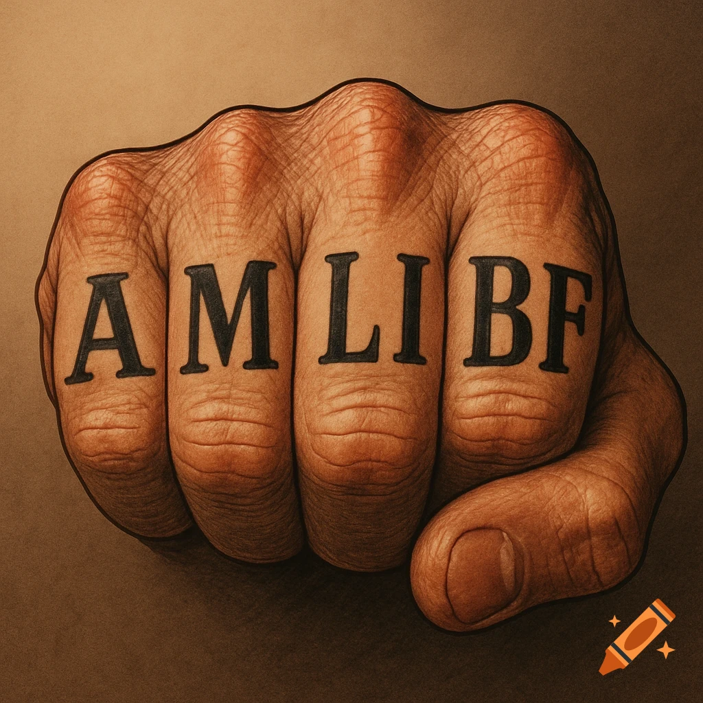 A close-up, photorealistic image of a clenched human fist with the letters "AMLIBF" tattooed in black on the knuckles.
