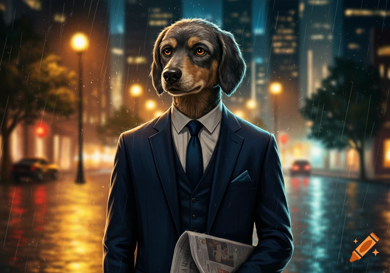 An anthropomorphic dog in a business suit holding a newspaper on a rainy city street at night.