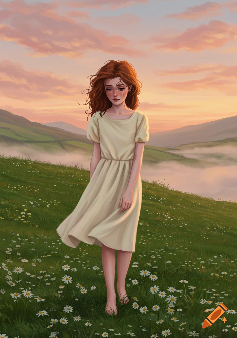 An illustrated sad red-haired girl standing barefoot in a field of daisies at sunset, with rolling hills in the background.