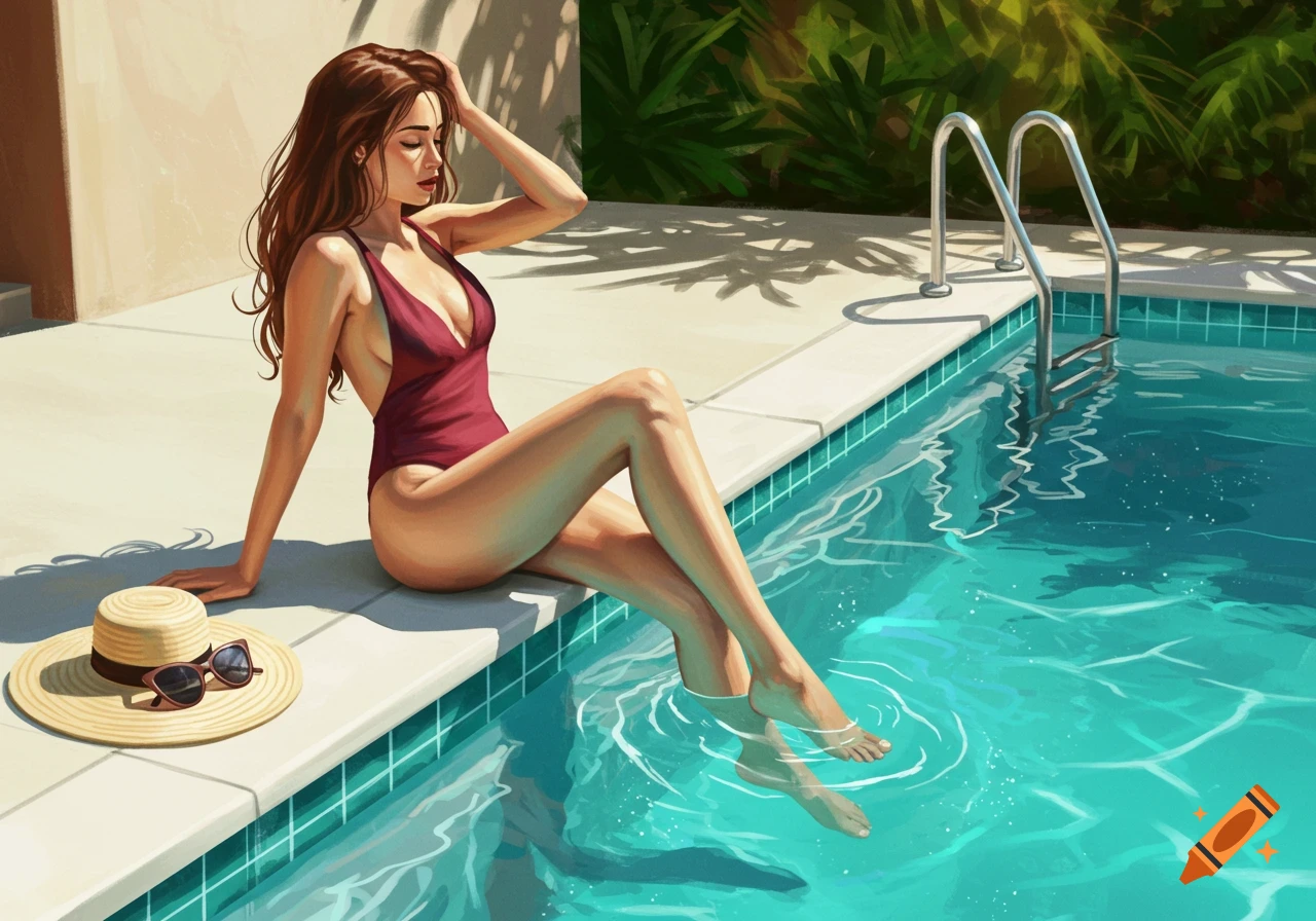 A woman in a red swimsuit sits by a pool, dipping her feet in the water, next to a straw hat and sunglasses.