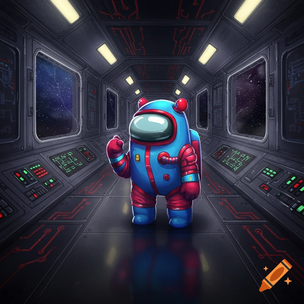 A blue and red cartoon character resembling an Among Us crewmate stands in a spaceship corridor with control panels and windows showing stars.