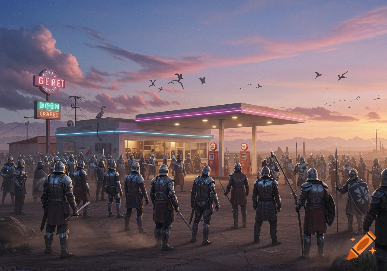 A large group of armored warriors gathers around a retro neon-lit gas station in a desert landscape at sunset, in a photorealistic style.