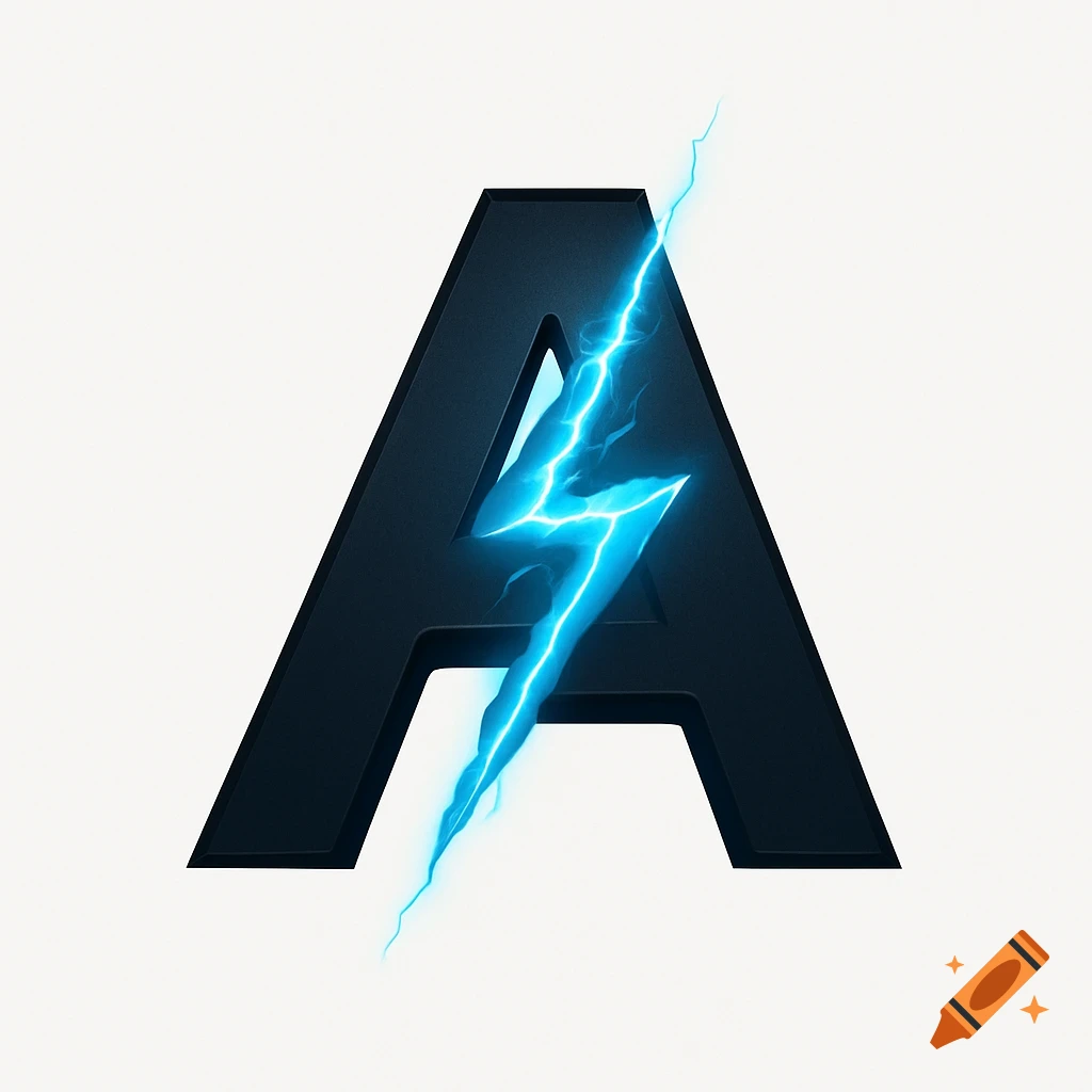 A dark grey stylized letter A with a bright blue lightning bolt striking through its middle, on a white background.