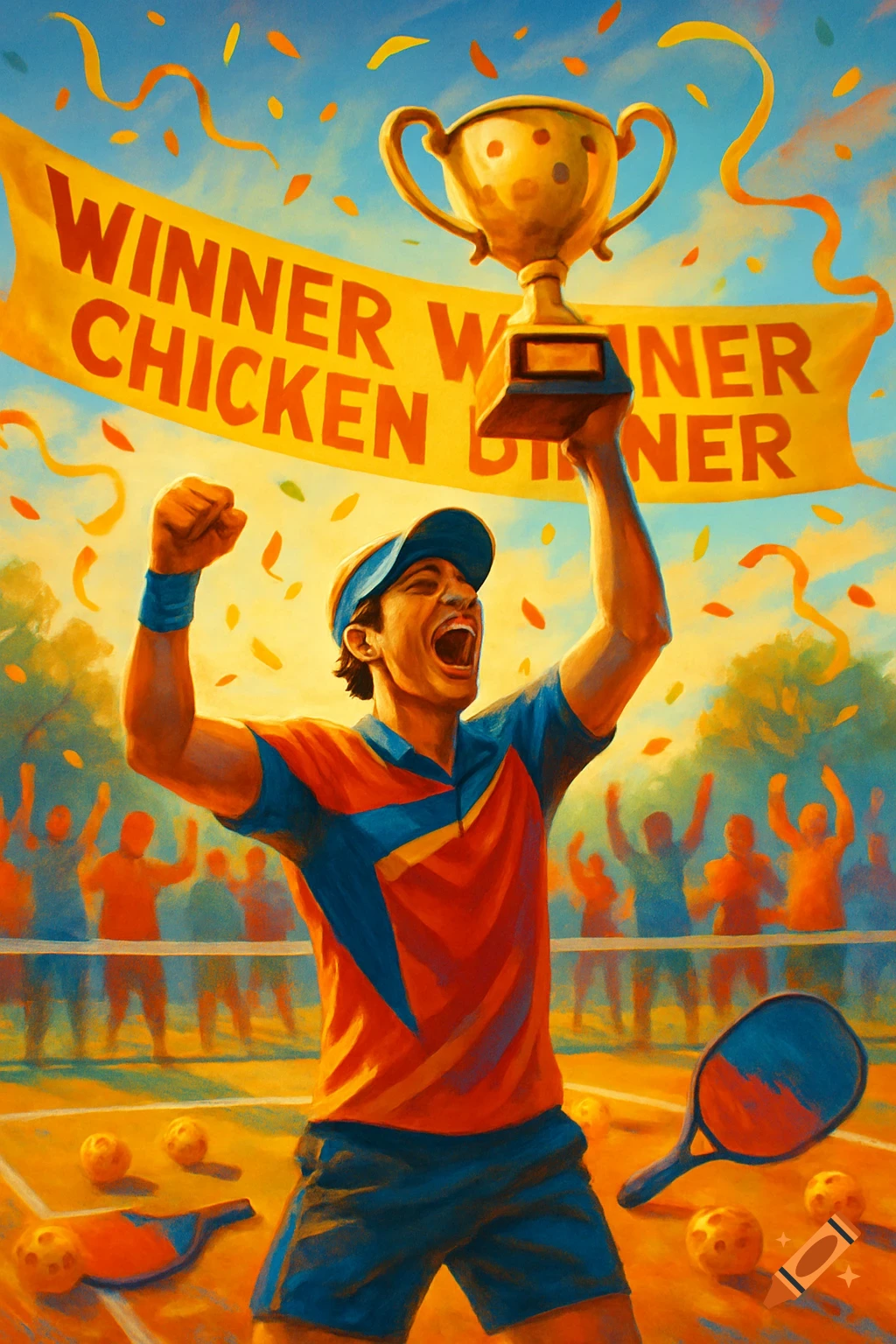 Male athlete joyfully holds a trophy on a pickleball court under a 'WINNER WINNER CHICKEN DINNER' banner, confetti falling.