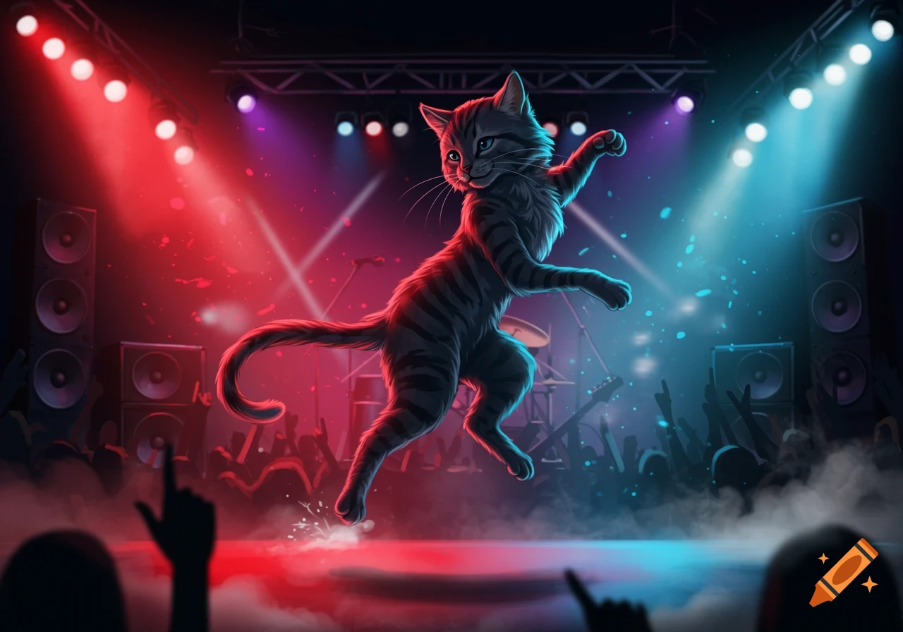 A grey striped cat dancing dynamically on a stage under vibrant red and blue spotlights, with an audience in the foreground.