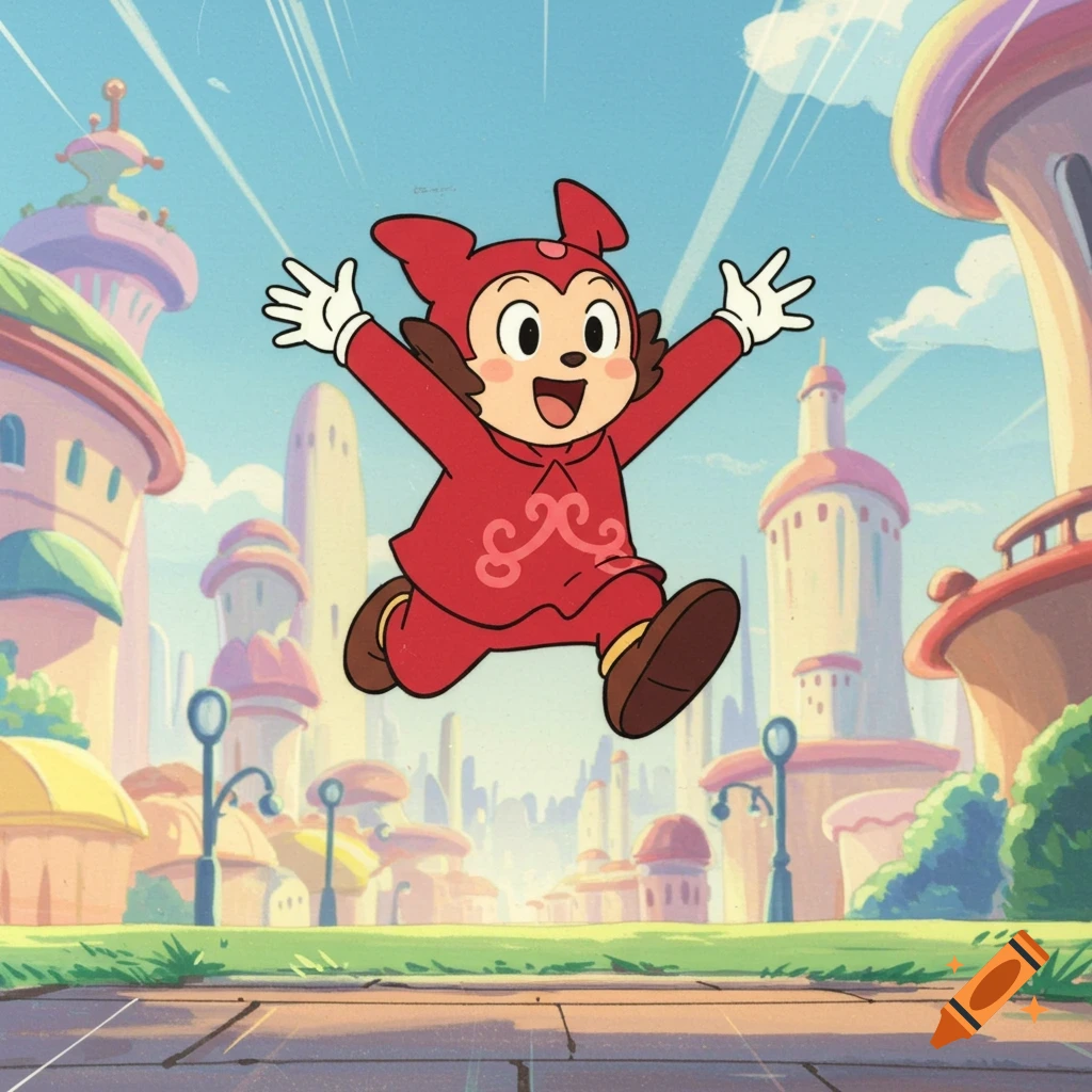 A cheerful cartoon character in a red outfit leaps through a vibrant, futuristic city in an animation cel style.