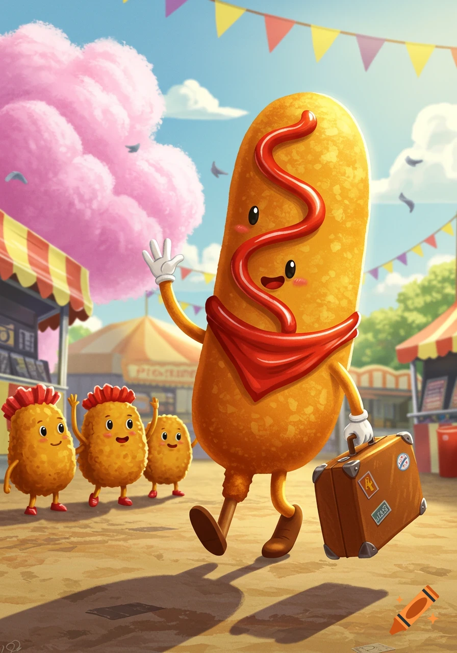 A smiling corn dog with a red scarf and ketchup stripe carries a suitcase, waving goodbye to three smaller corn dogs at a vibrant carnival.