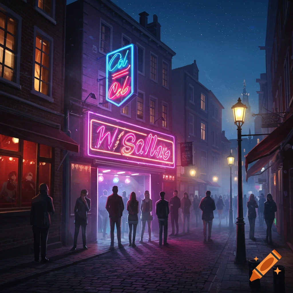 A bustling city street at night, with people standing outside a club illuminated by vibrant neon signs. Streetlights cast a warm glow on the wet cobblestone ground.