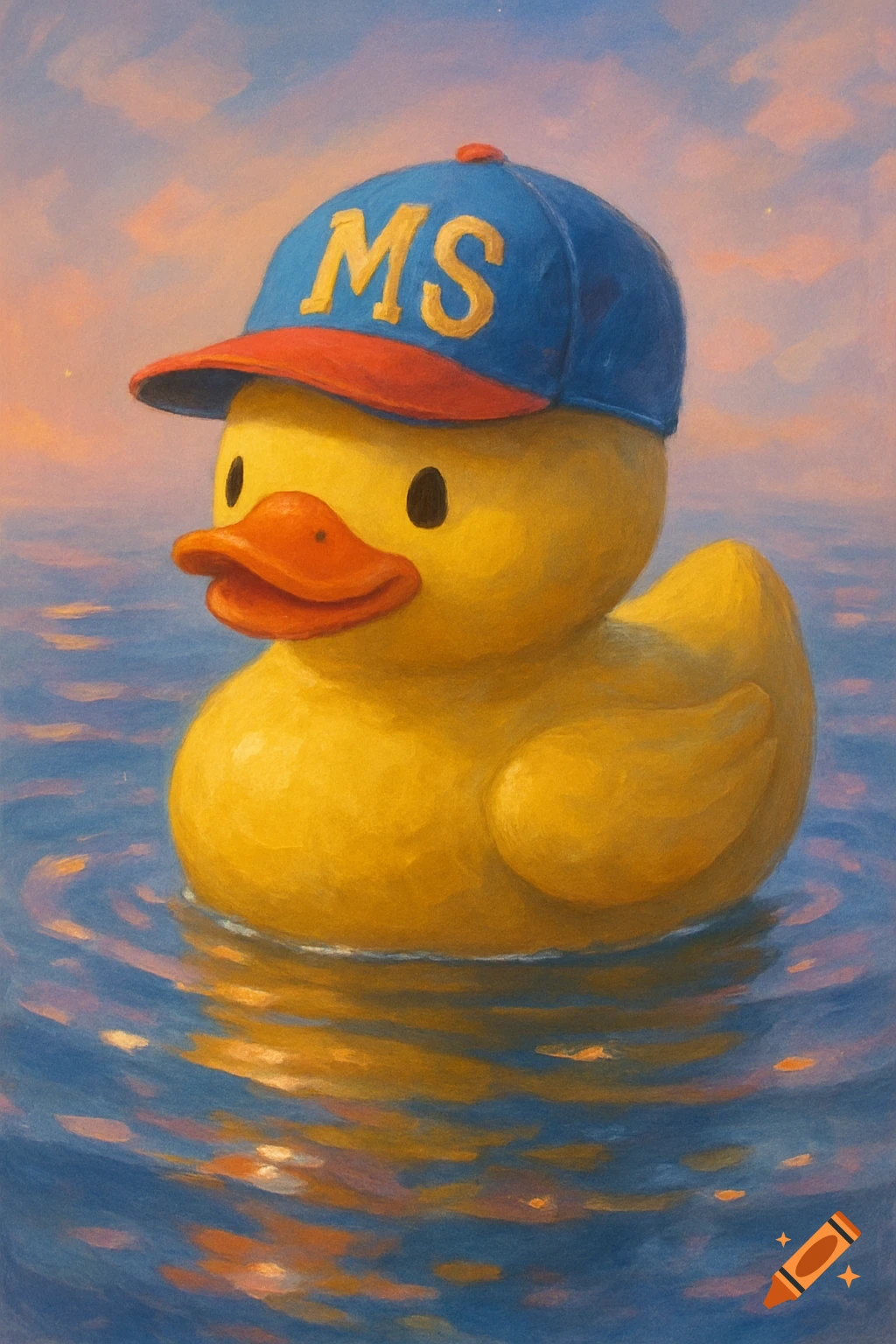 A yellow rubber duck wearing a blue and red baseball cap with "MS" on it, floats in calm blue water with a painted, sunset-like sky in the background.