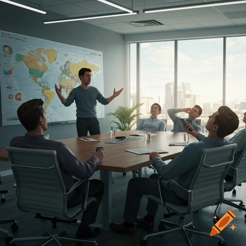 Photorealistic image of a man presenting a world map to an inattentive group of colleagues in a modern office meeting room.
