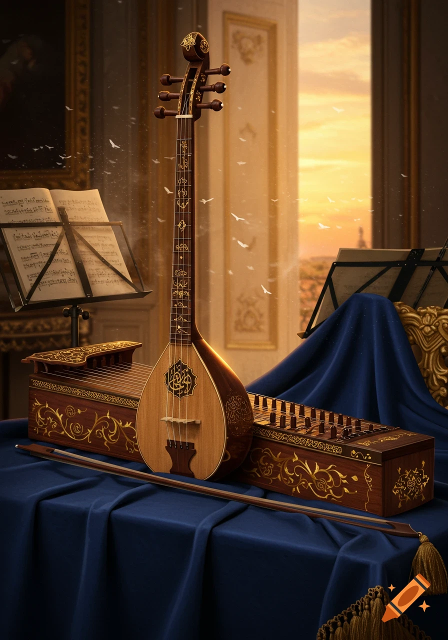 Two ornate stringed instruments with gold filigree on a blue draped table in an elegant room, with a sunset and birds visible through a window.