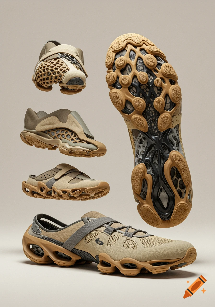 Multiple views of futuristic beige and brown shoes with complex outsoles and a lattice structure.