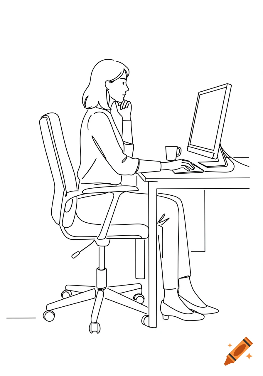 Line drawing of a woman working at a computer on a desk, seen from the side.