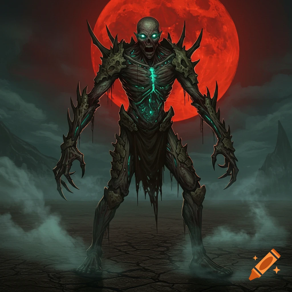 A menacing zombie-like monster with glowing green eyes and a skeletal, armored body stands against a large, ominous red moon in a desolate landscape.
