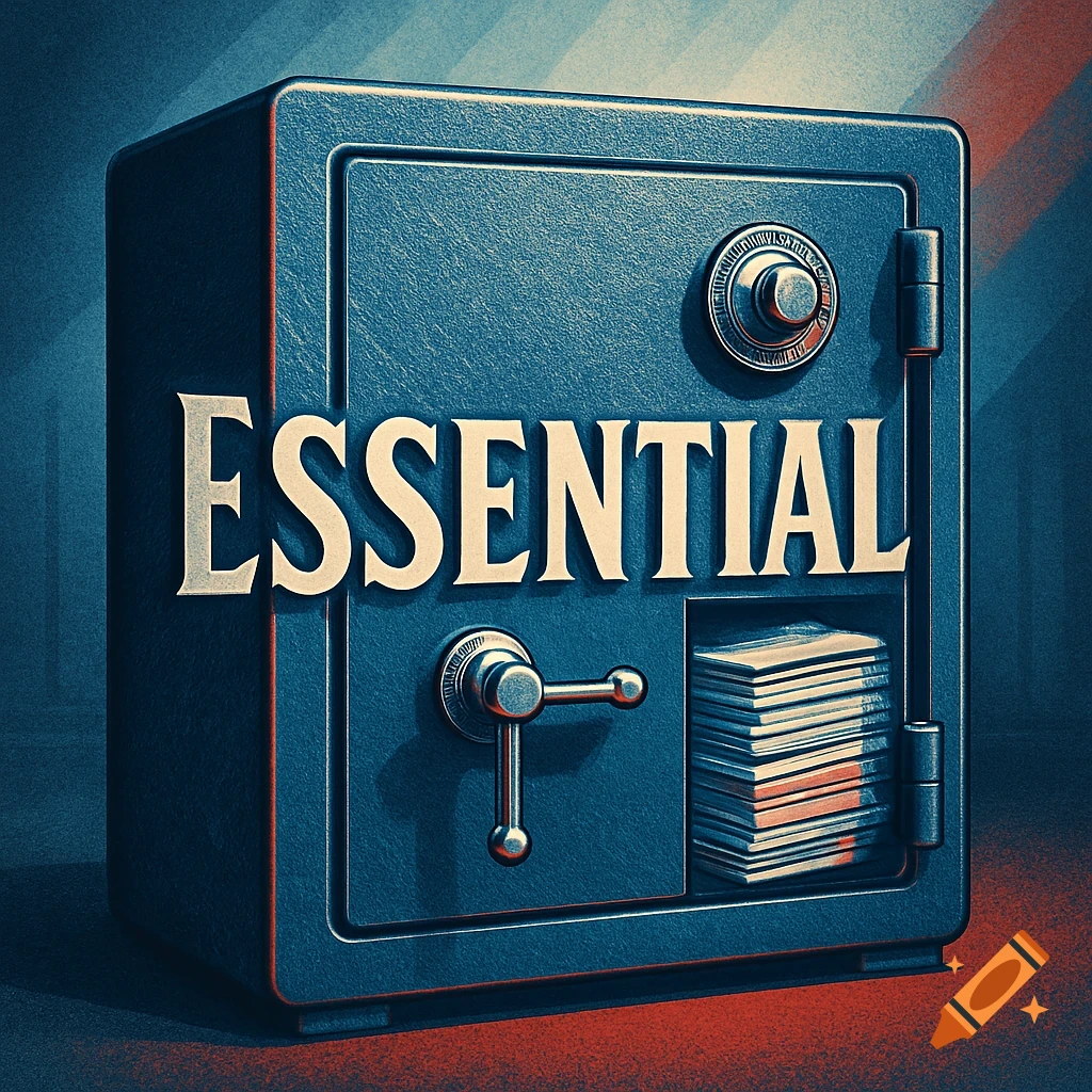 A dark blue safe with 'ESSENTIAL' inscribed on its door, showing stacks of documents inside an open compartment, against a blue and red lit background.