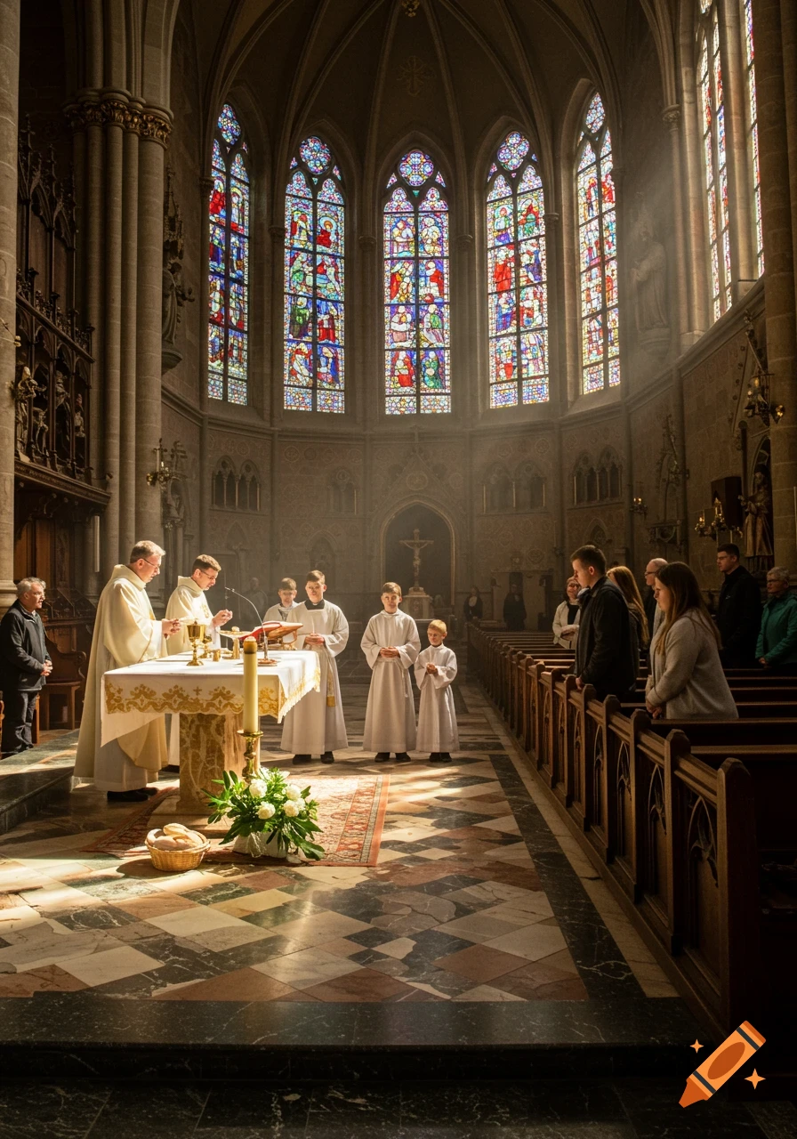 A Catholic church service in progress, with priests, altar servers, and parishioners under stained glass windows.