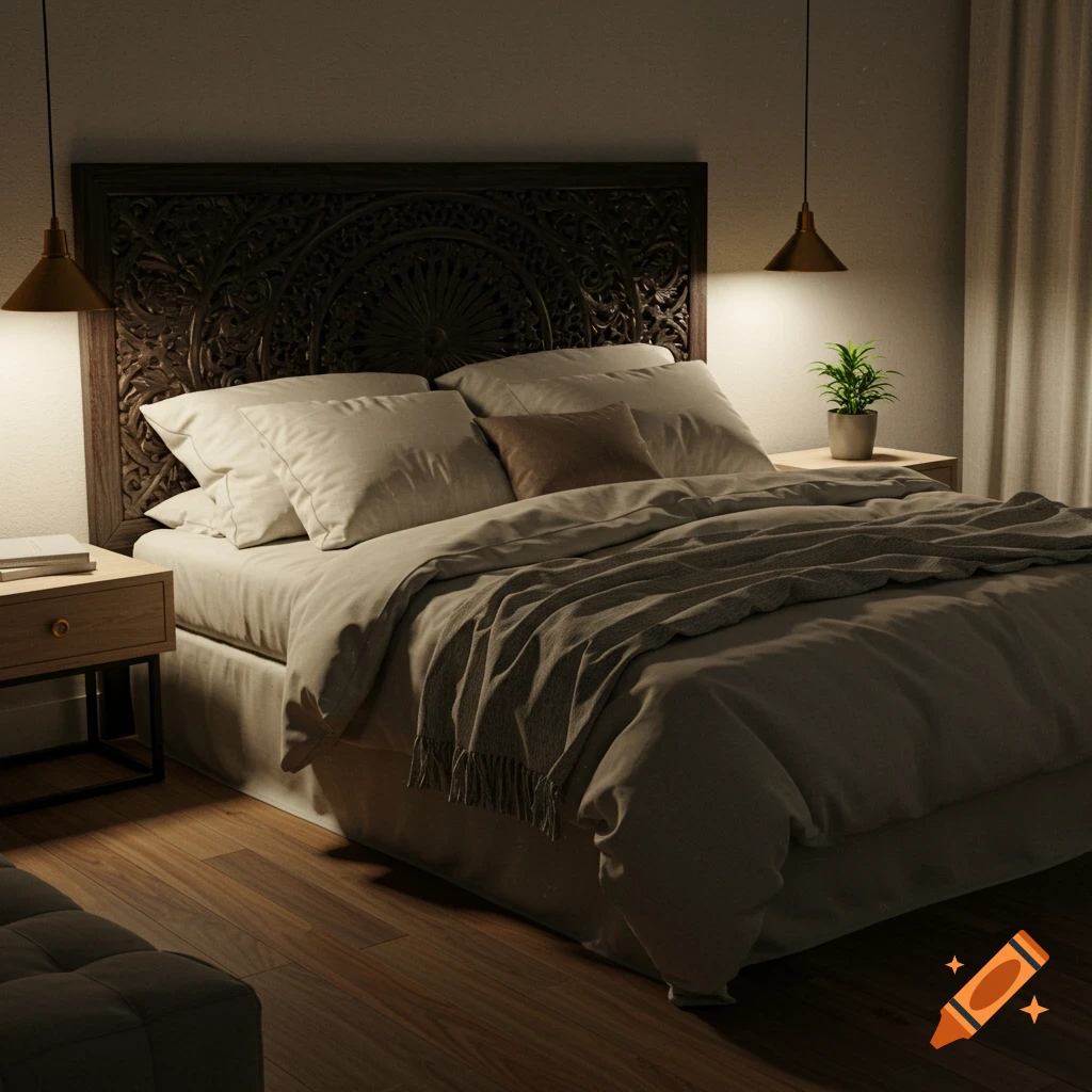 Photorealistic image of a dimly lit bedroom featuring a large bed with a decorative wooden headboard, bedside tables, and hanging lamps.
