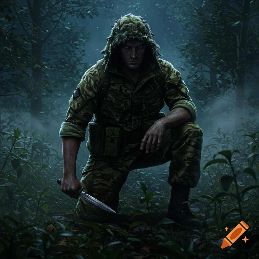 A soldier in camouflage kneels in a dark forest, holding a combat knife. Digital art.