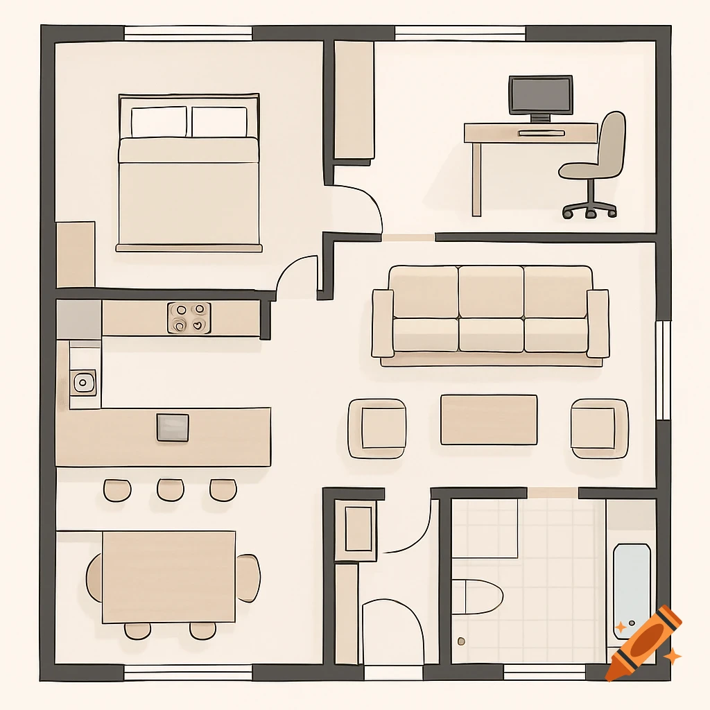 Simple hand-drawn style floor plan illustration of a one-story house with a bedroom, kitchen, living room, office, and bathroom.