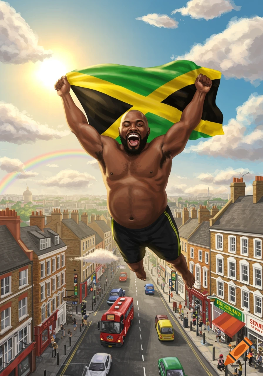 A muscular man flies high above a bustling city street, holding up a large Jamaican flag as the sun shines behind him.