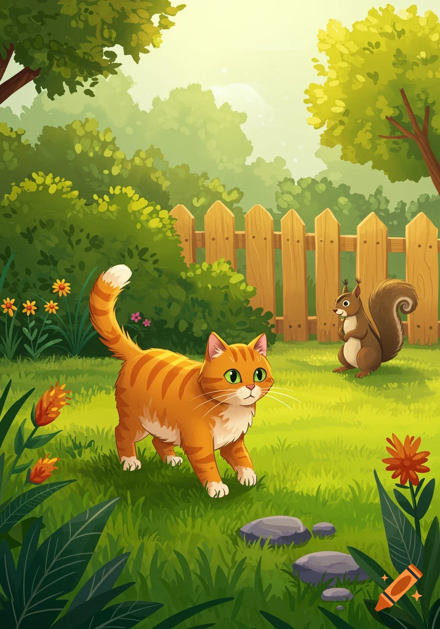 A cartoon orange cat walks through a bright green yard with a wooden fence and a squirrel in the background.