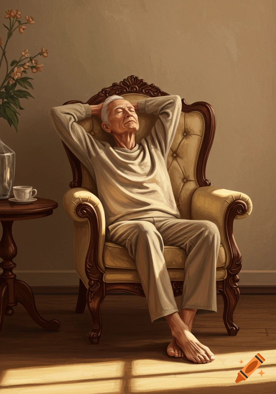 An elderly person with white hair relaxes in a classic armchair, eyes closed, hands behind head, in a sunlit room.