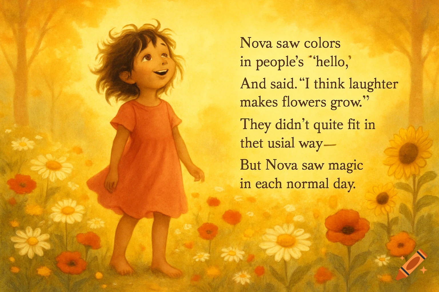 An innocent young girl in a coral dress smiles up at a golden sky in a whimsical flower meadow, in children's book illustration style.