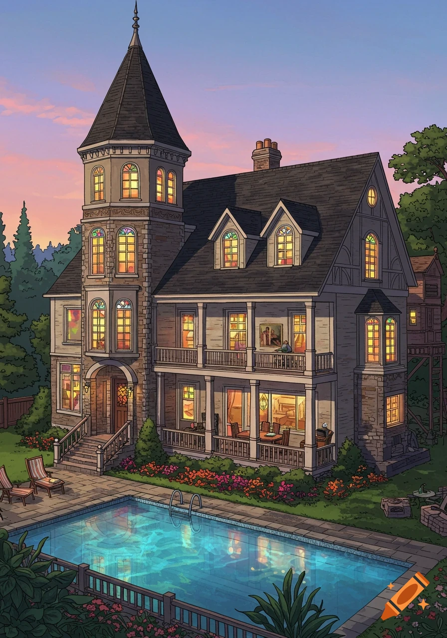 A cartoon illustration of a large house with a turret and a pool in the backyard at dusk.