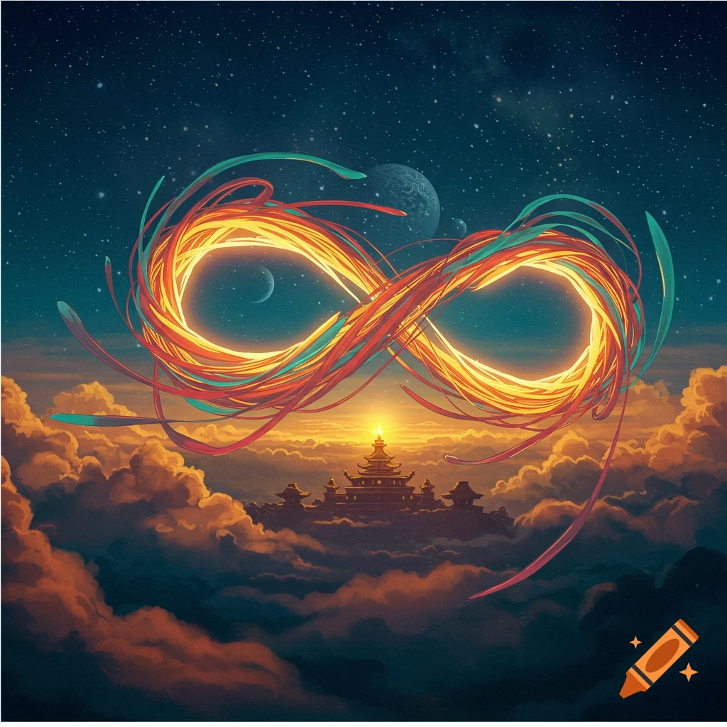 A glowing infinity symbol hovers above a temple on clouds under a dark, starry night sky with planets.