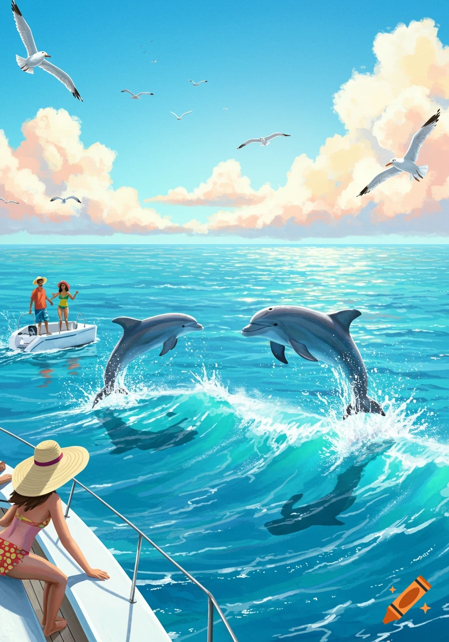 An illustration of two dolphins jumping in the blue ocean next to boats with people watching under a clear sky with clouds and seagulls.