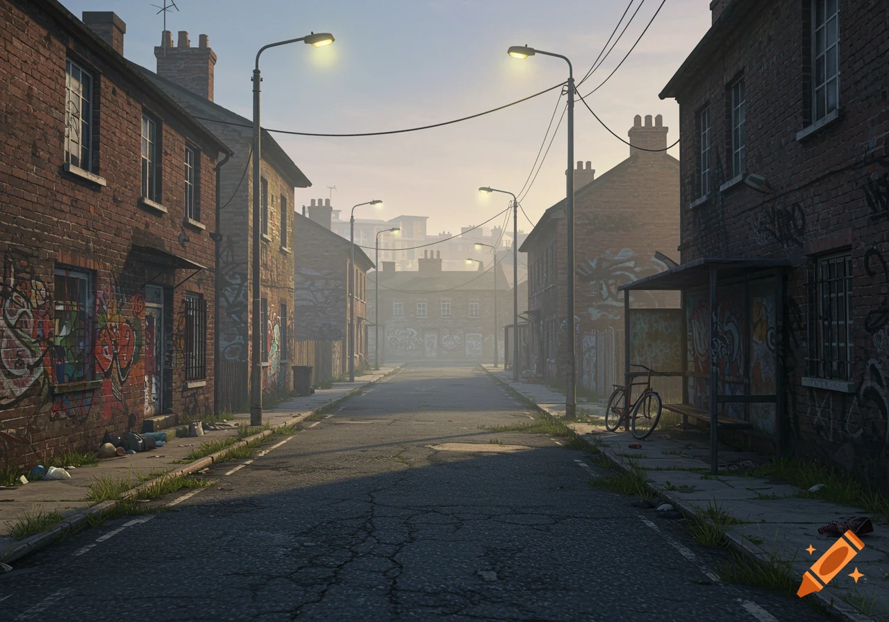 A photorealistic depiction of a street in a rundown urban area with brick buildings covered in colorful graffiti, streetlights, and a bus stop.