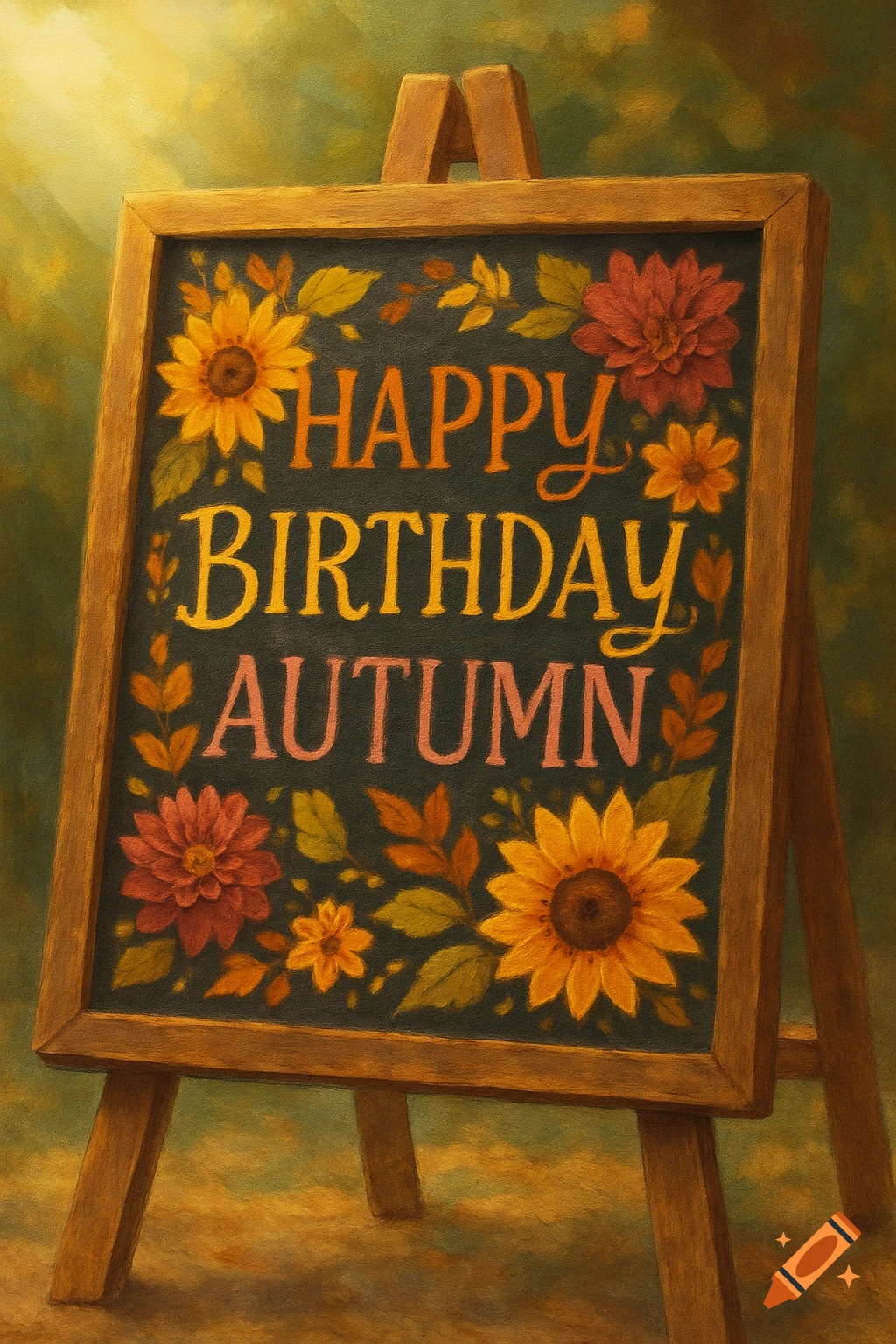 A rustic chalkboard easel with "HAPPY BIRTHDAY AUTUMN" written in orange and pink, surrounded by sunflowers and autumn leaves.