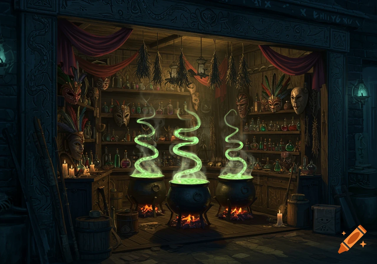 A mystical voodoo store with three bubbling cauldrons emitting green smoke, surrounded by shelves of potions, masks, and dried herbs.