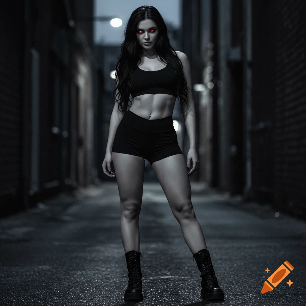 Photorealistic image of a woman with long black hair and glowing red eyes, wearing a black sports bra, short shorts, and combat boots in a dark alley.