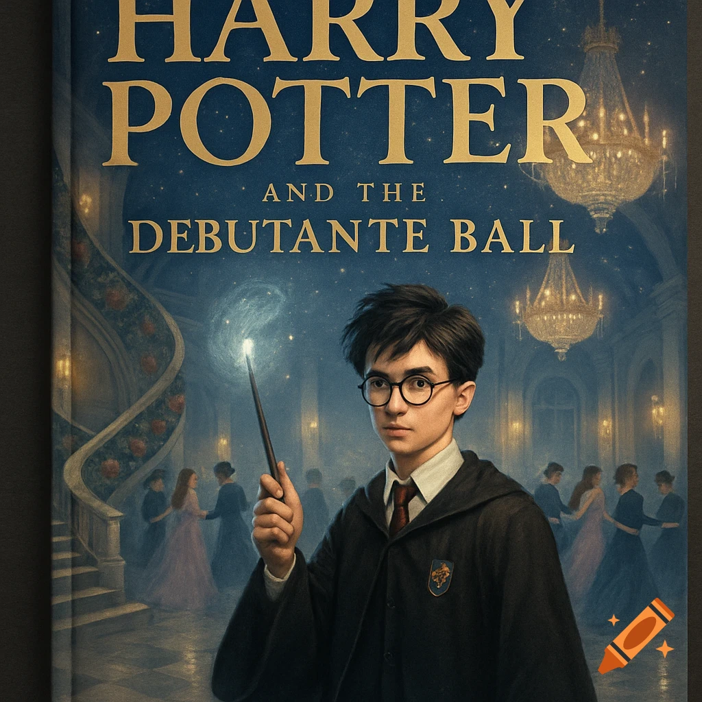 Book cover for "Harry Potter and the Debutante Ball" showing Harry Potter holding a glowing wand in a grand ballroom.