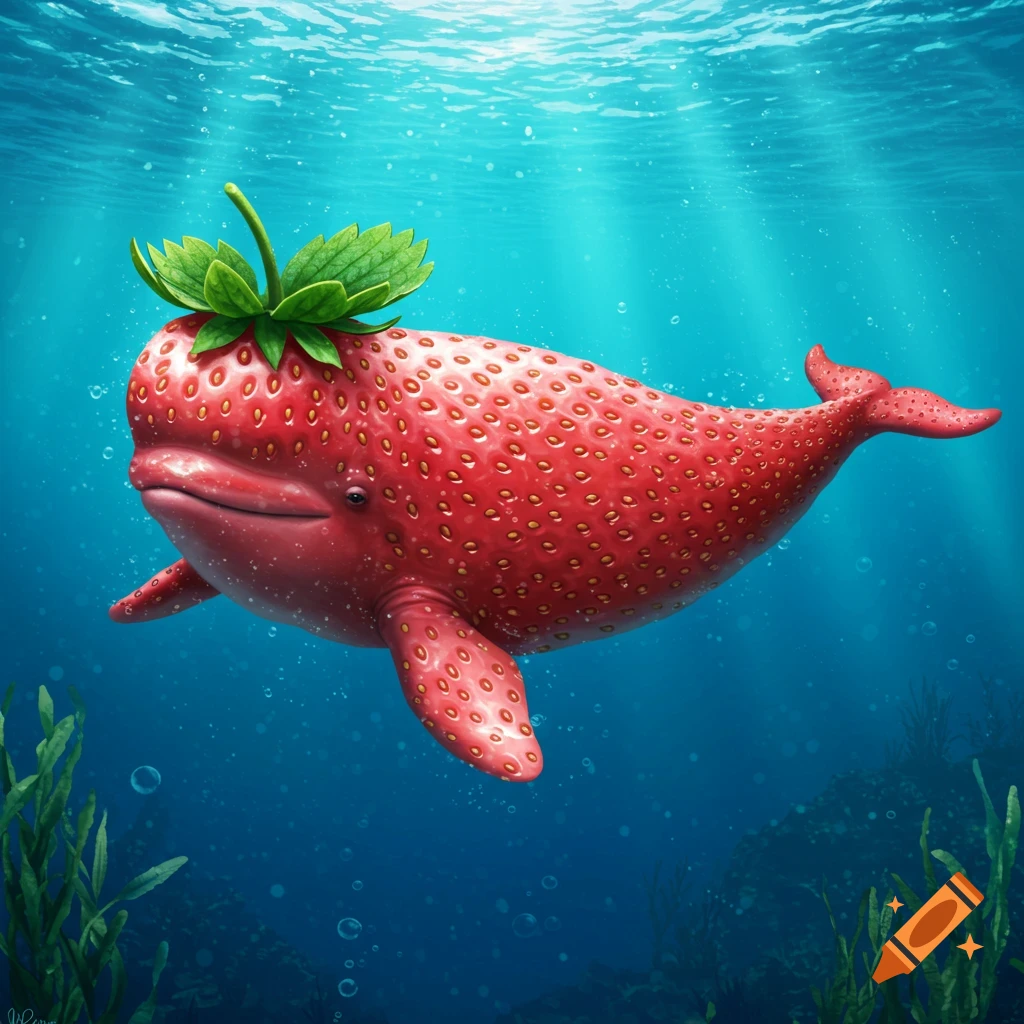 A whimsical beluga whale with strawberry skin and a leaf on its head swims in a sunlit ocean with seaweed.