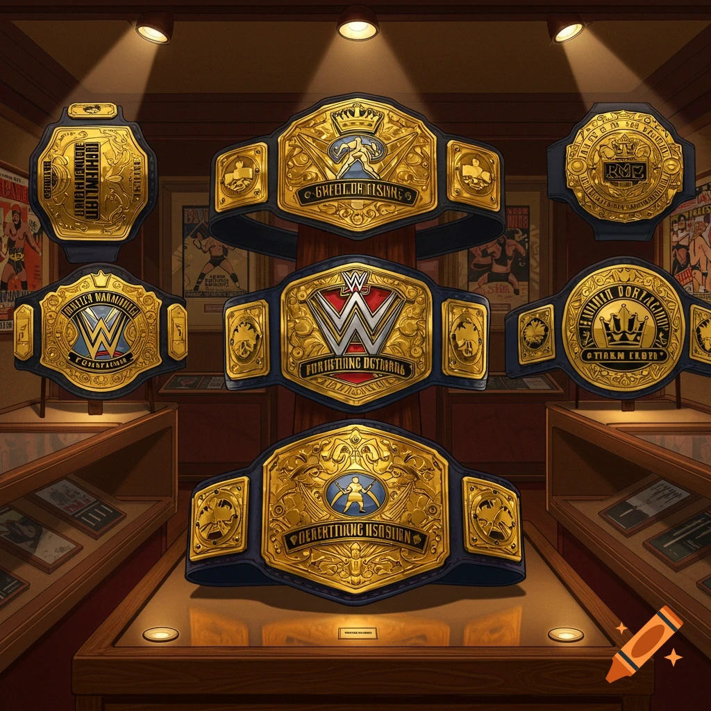 A collection of ornate gold and blue wrestling championship belts displayed in a well-lit museum or trophy room.
